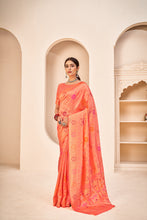 Load image into Gallery viewer, Orange Color Banarasi Silk Base Jewel Neck Blouse Embroidered Saree ClothsVilla