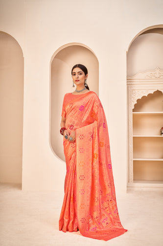 Orange Color Banarasi Silk Base Jewel Neck Blouse Embroidered Saree ClothsVilla