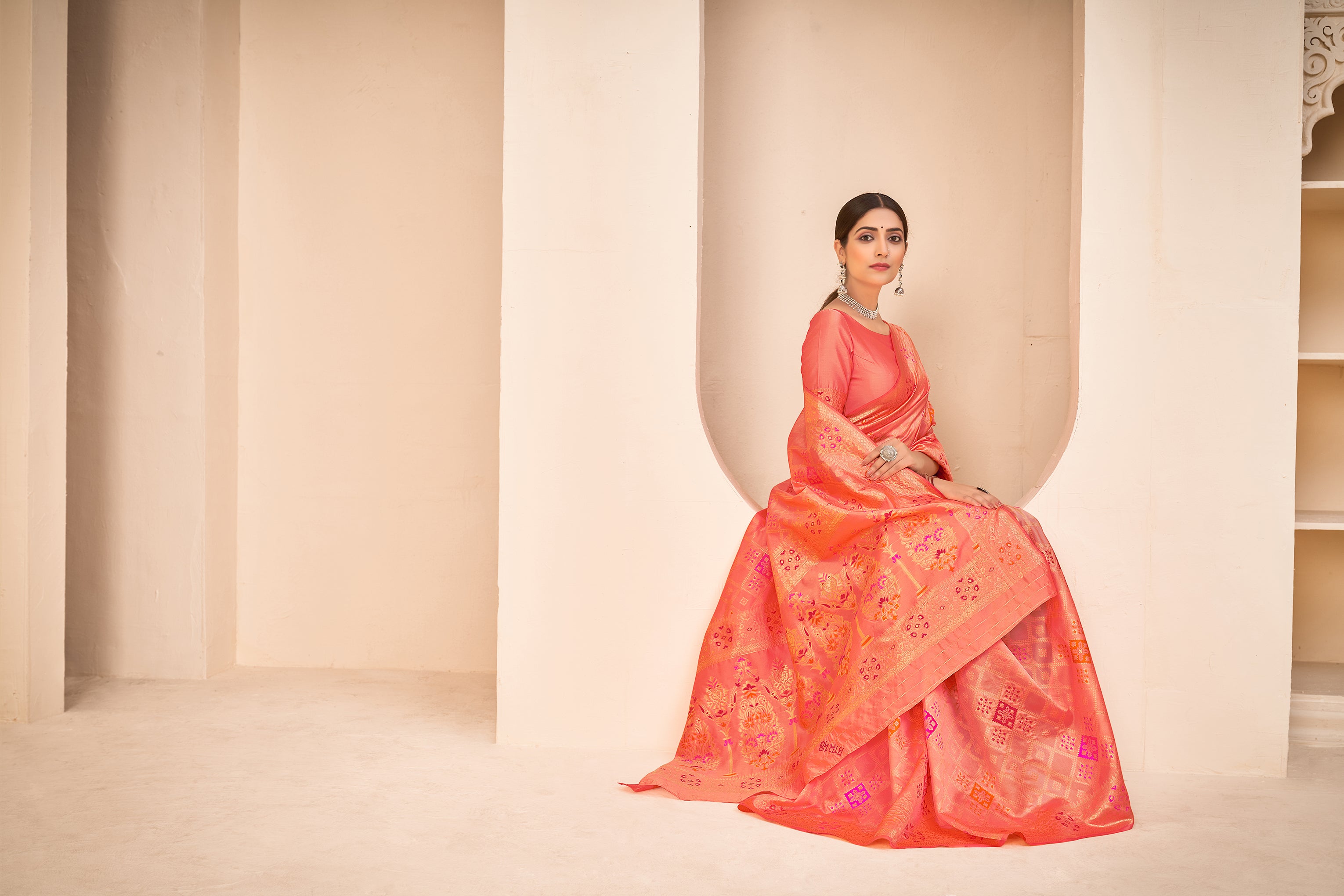 Orange Color Banarasi Silk Base Jewel Neck Blouse Embroidered Saree ClothsVilla