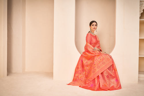 Orange Color Banarasi Silk Base Jewel Neck Blouse Embroidered Saree ClothsVilla