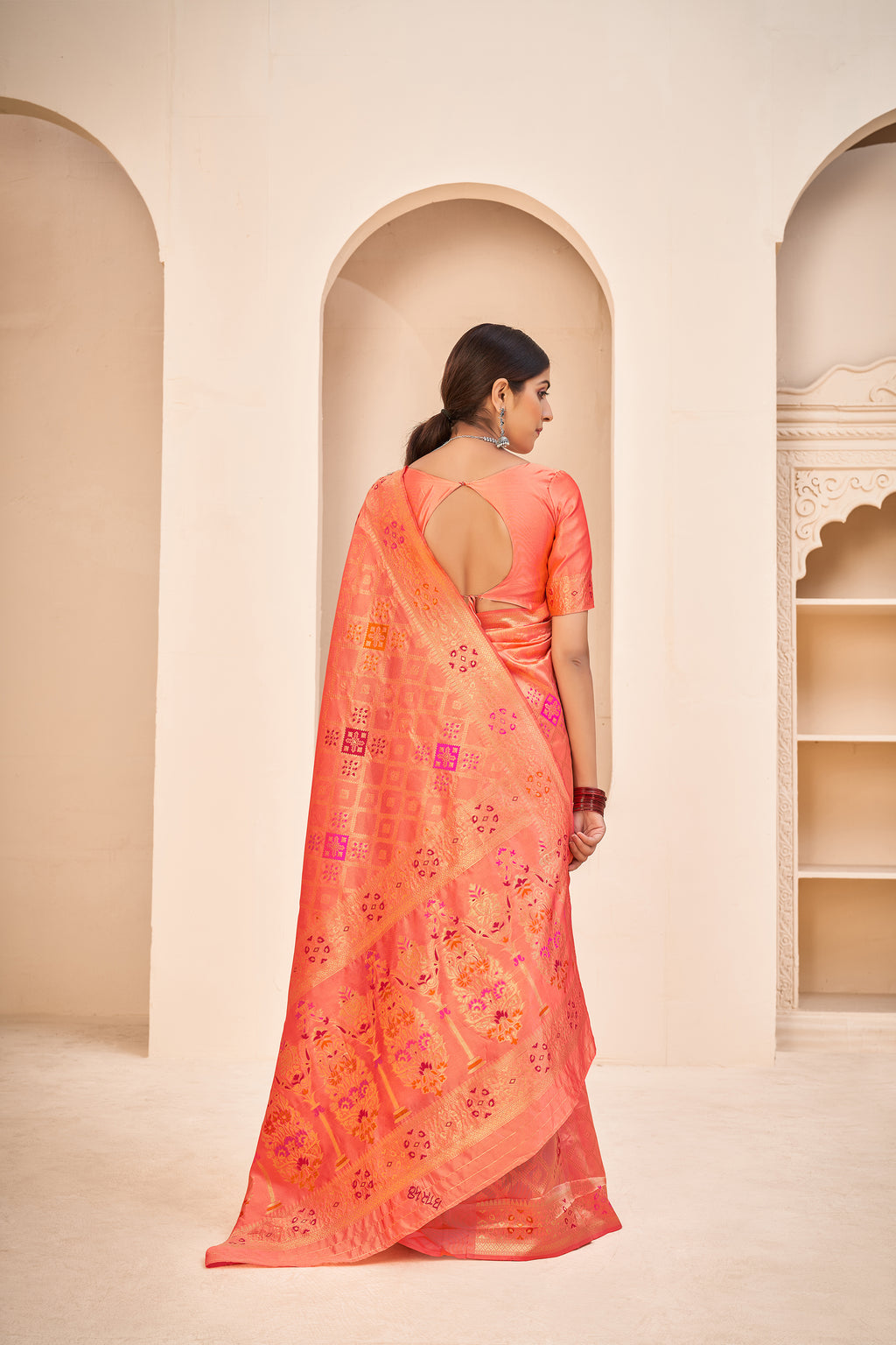 Orange Color Banarasi Silk Base Jewel Neck Blouse Embroidered Saree ClothsVilla