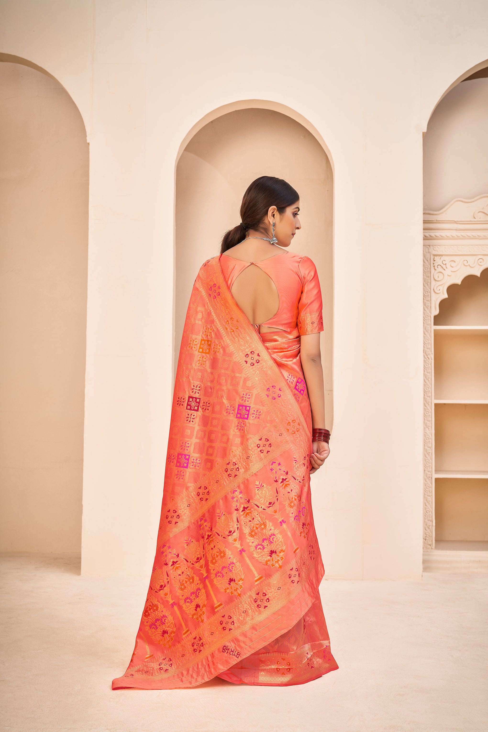 Orange Color Banarasi Silk Base Jewel Neck Blouse Embroidered Saree ClothsVilla