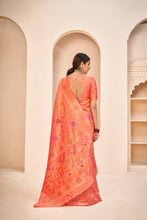 Load image into Gallery viewer, Orange Color Banarasi Silk Base Jewel Neck Blouse Embroidered Saree ClothsVilla