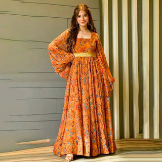 Orange Color Trendy Georgette Floral Print Women's Gown ClothsVilla