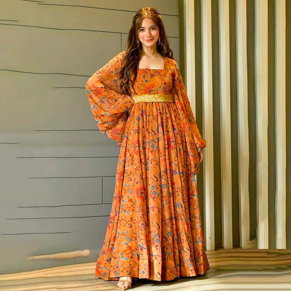 Orange Color Trendy Georgette Floral Print Women's Gown ClothsVilla
