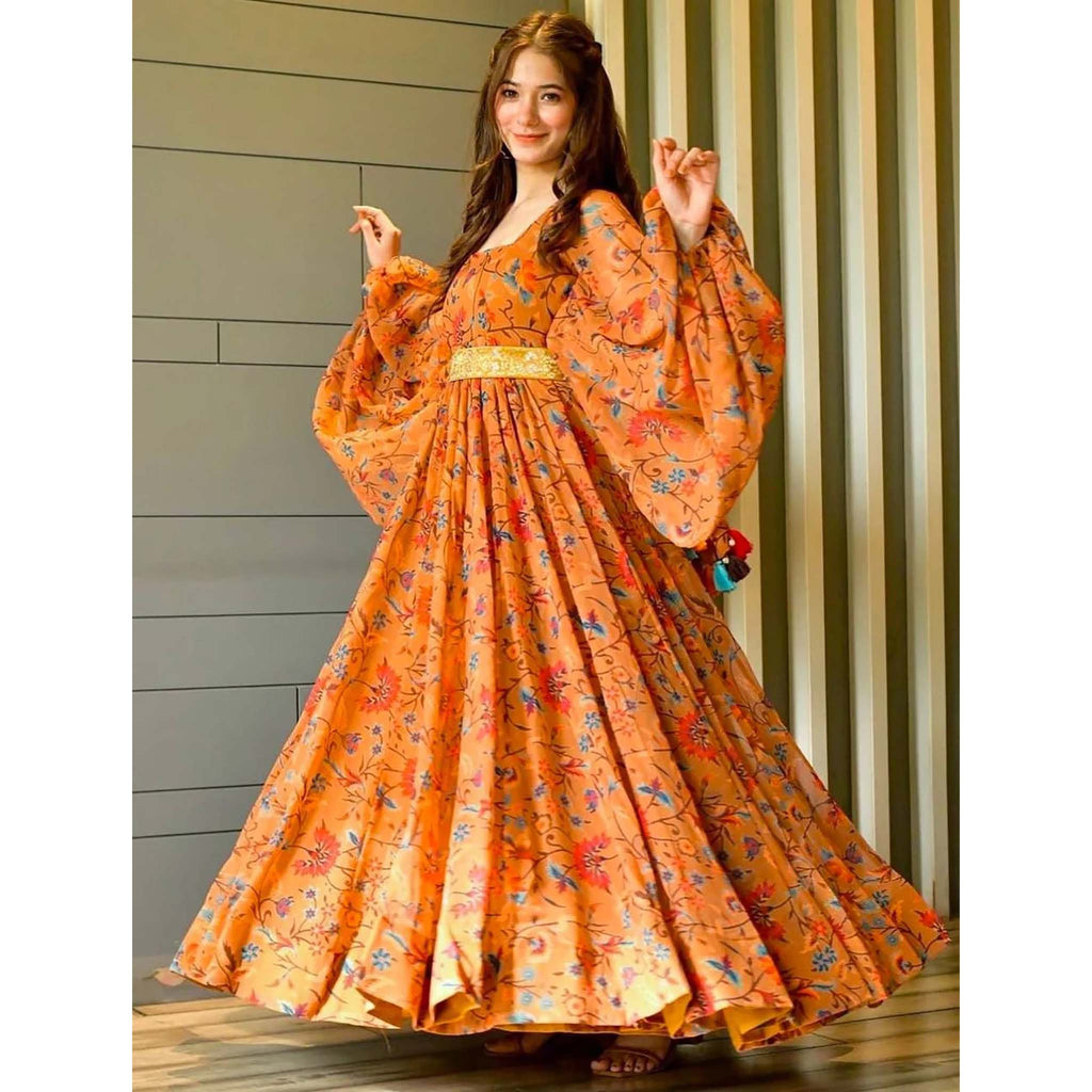 Orange Color Trendy Georgette Floral Print Women's Gown ClothsVilla
