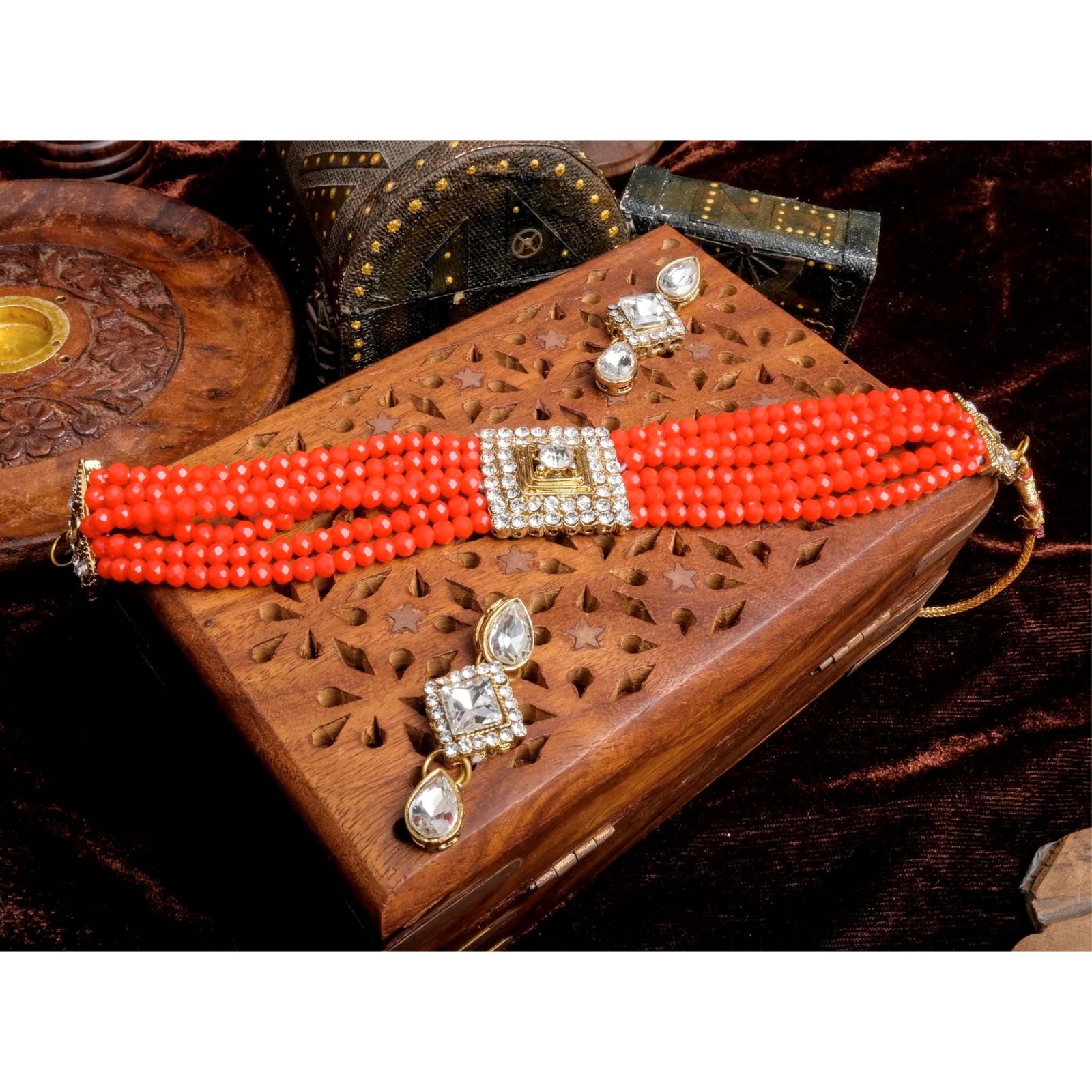 Orange Pearl With Italian Dimond Necklace Alloy Jewel Set ClothsVilla