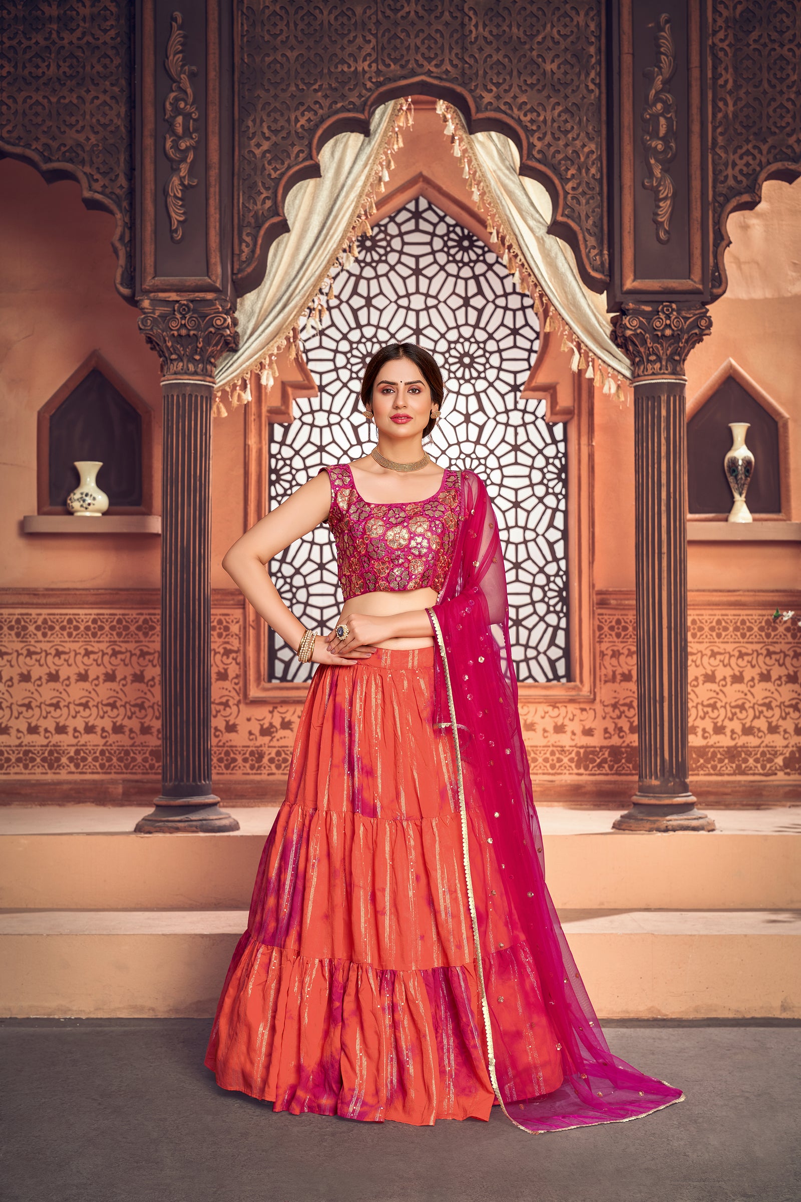 Orange Shibori Printed Cotton Party Wear Lehenga Choli ClothsVilla