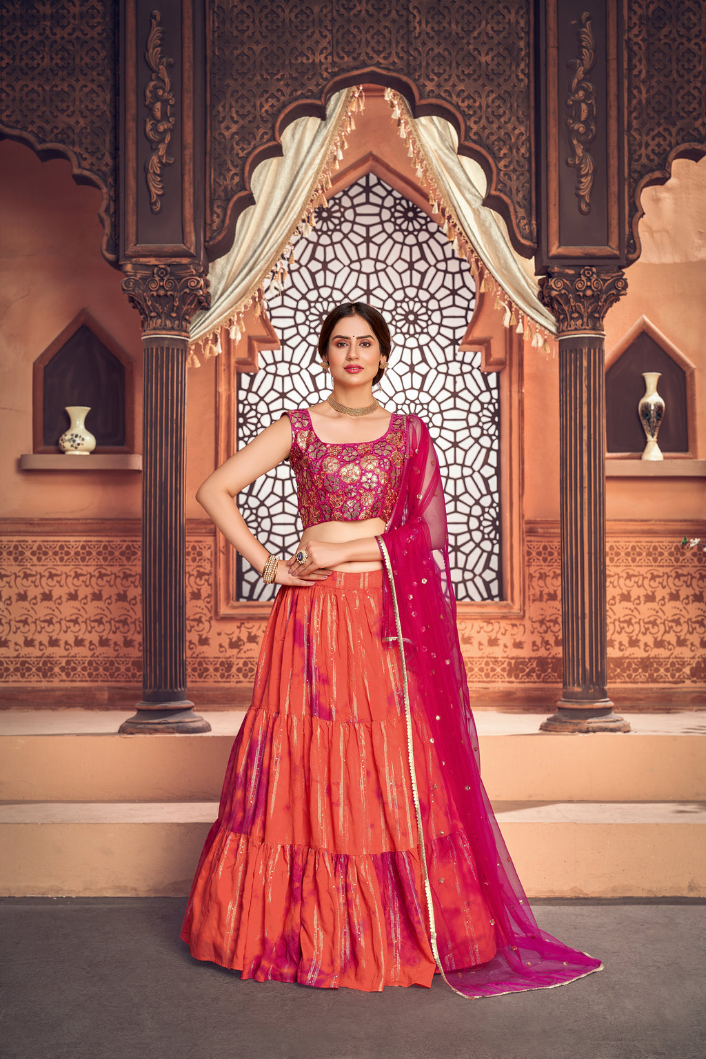 Orange Shibori Printed Cotton Party Wear Lehenga Choli ClothsVilla