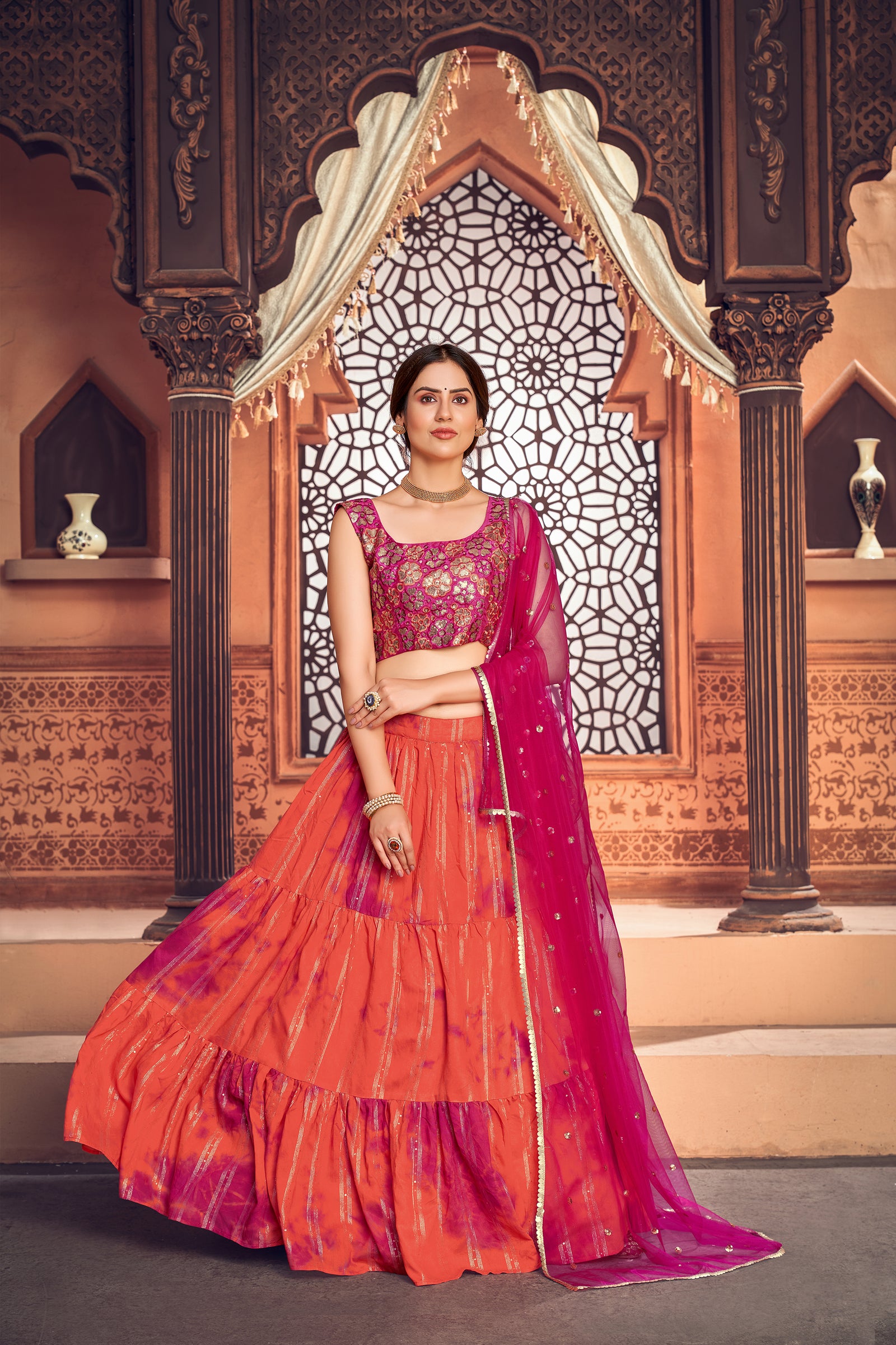 Orange Shibori Printed Cotton Party Wear Lehenga Choli ClothsVilla