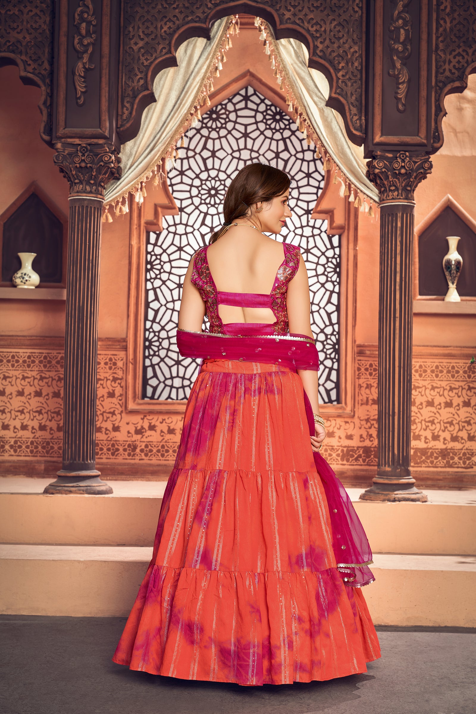 Orange Shibori Printed Cotton Party Wear Lehenga Choli ClothsVilla