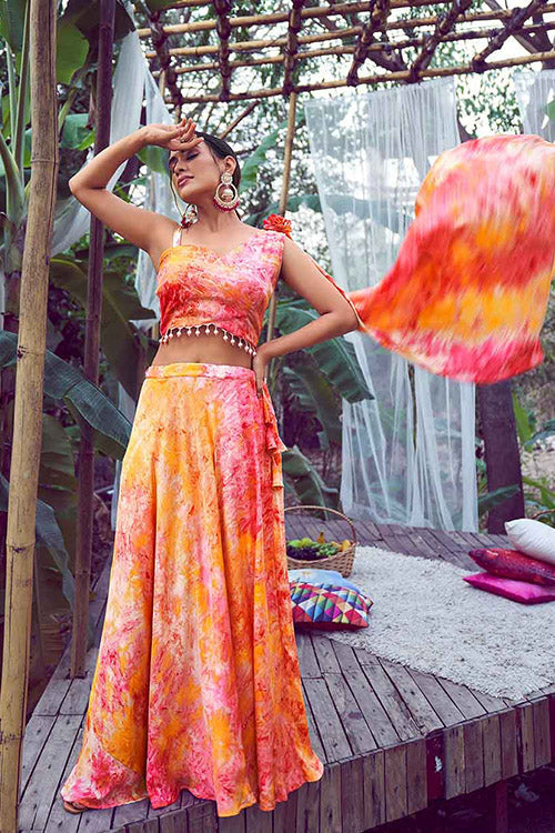 Orange Traditional Looks Big Size Printed Lehenga choli with Fancy Dupatta ClothsVilla.com