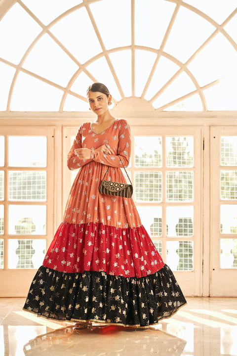 Orange & Red & Black Metallic Foilage Print Georgette Anarkali Long Gown Semi Stitched ClothsVilla Main image