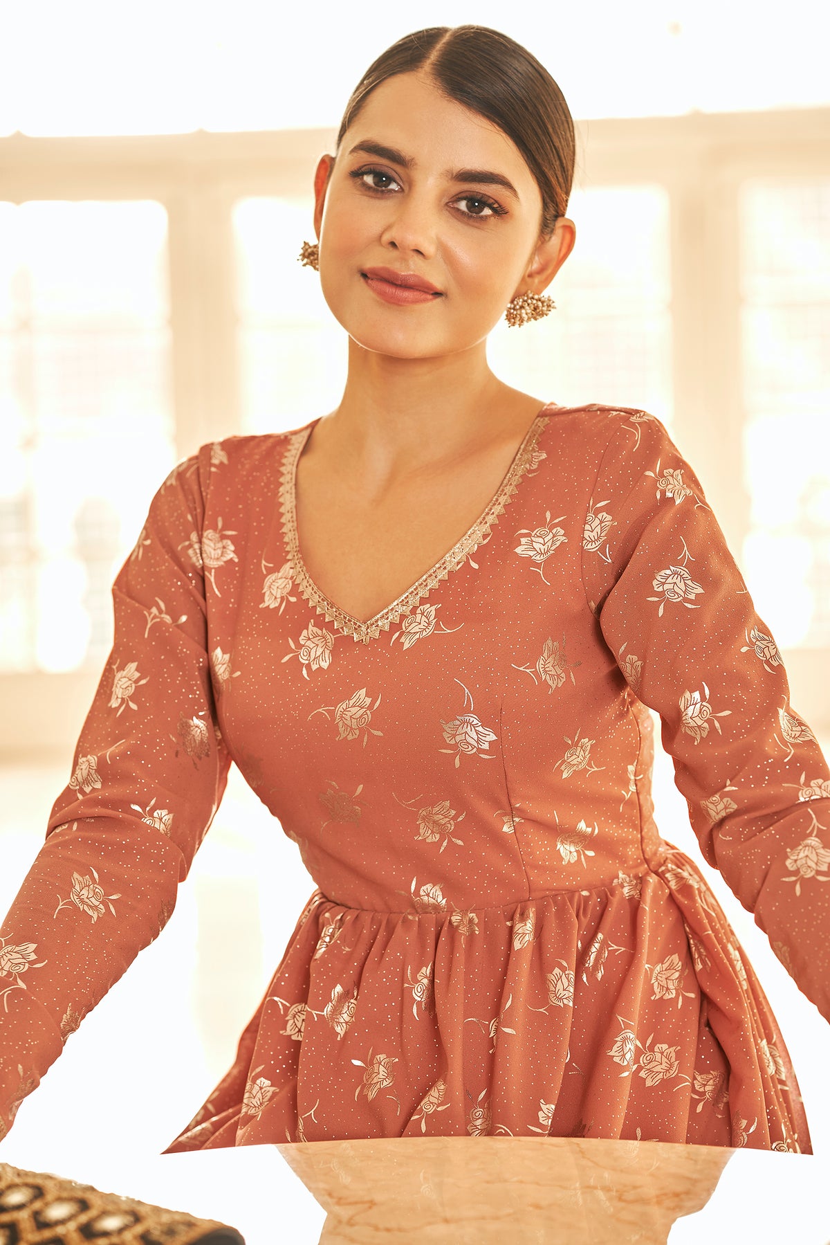 Orange & Red & Black Metallic Foilage Print Georgette Anarkali Long Gown Semi Stitched ClothsVilla