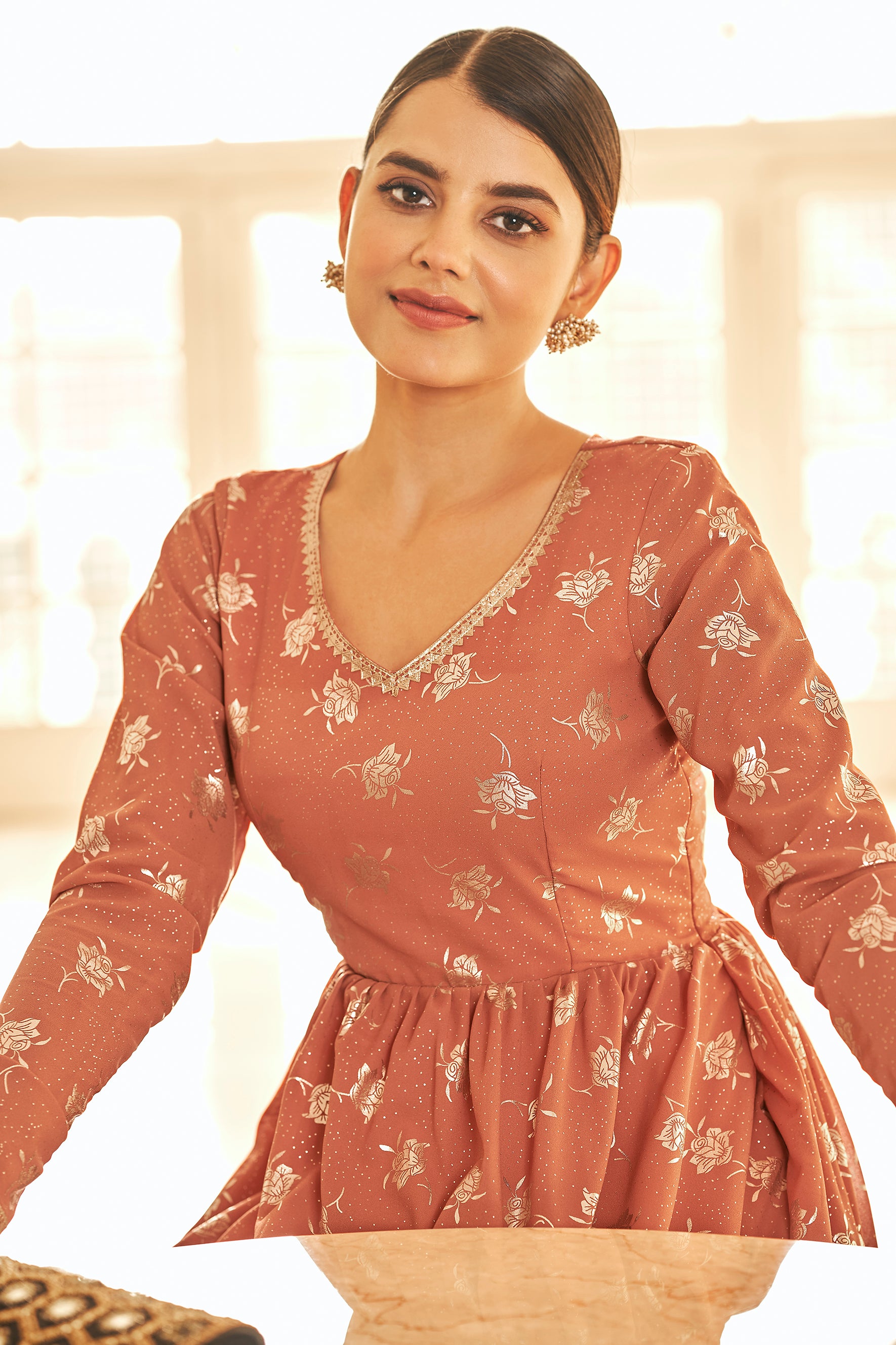 Orange & Red & Black Metallic Foilage Print Georgette Anarkali Long Gown Semi Stitched ClothsVilla