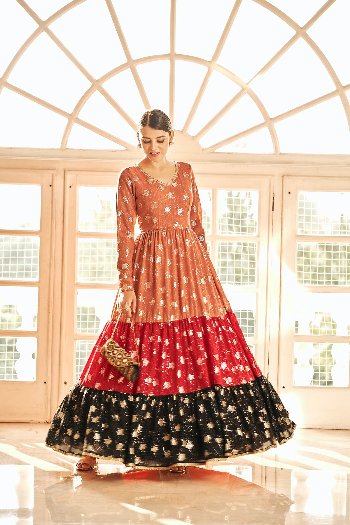 Orange & Red & Black Metallic Foilage Print Georgette Anarkali Long Gown Semi Stitched ClothsVilla