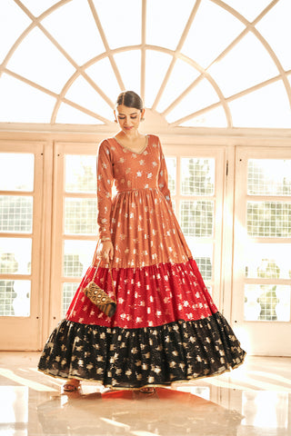 Orange & Red & Black Metallic Foilage Print Georgette Anarkali Long Gown Semi Stitched ClothsVilla