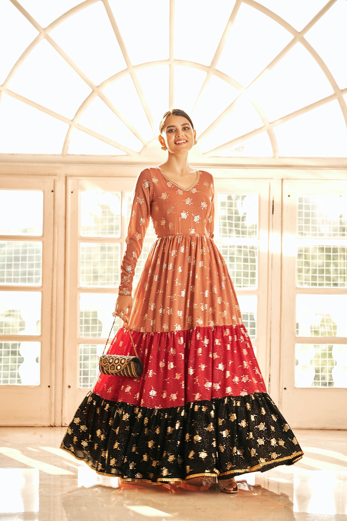 Orange & Red & Black Metallic Foilage Print Georgette Anarkali Long Gown Semi Stitched ClothsVilla