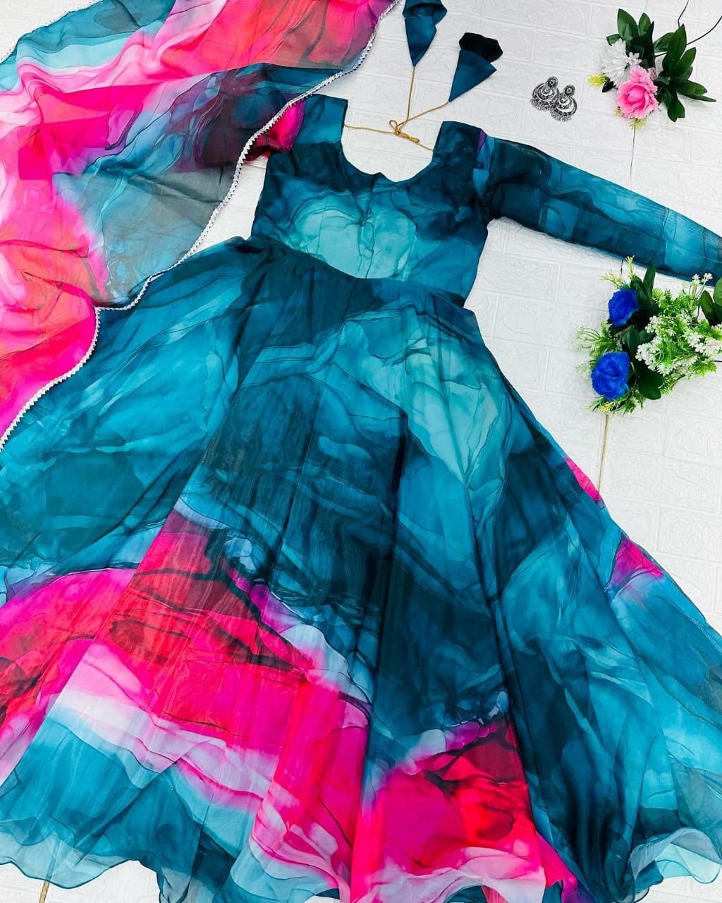 Organza Silk Teal Blue Digital Printed Trendy Gown Clothsvilla