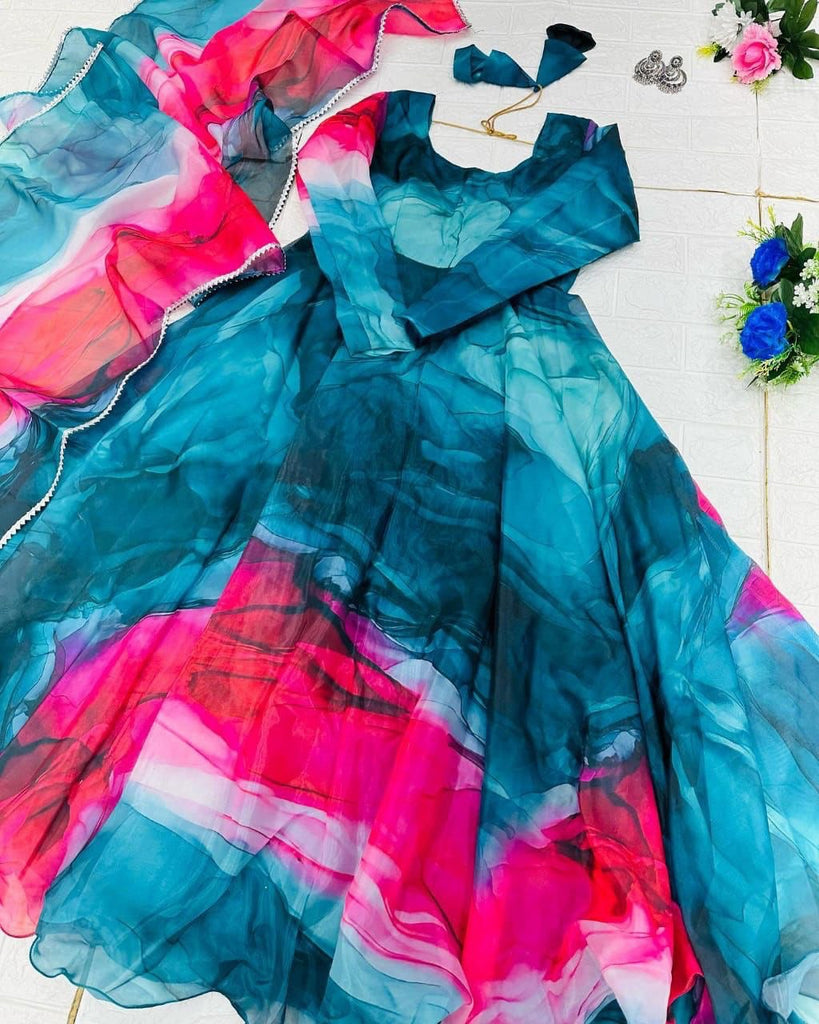 Organza Silk Teal Blue Digital Printed Trendy Gown Clothsvilla