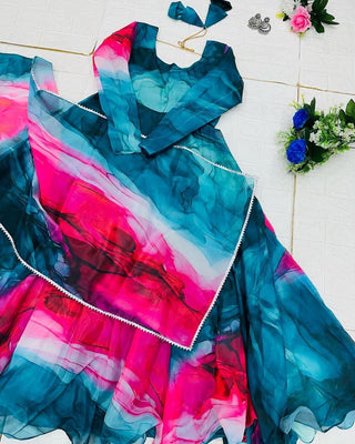 Organza Silk Teal Blue Digital Printed Trendy Gown Clothsvilla
