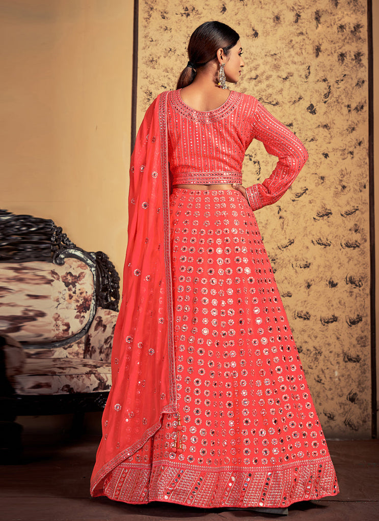 Coral Red Art Silk Readymade Lehenga Choli Clothsvilla