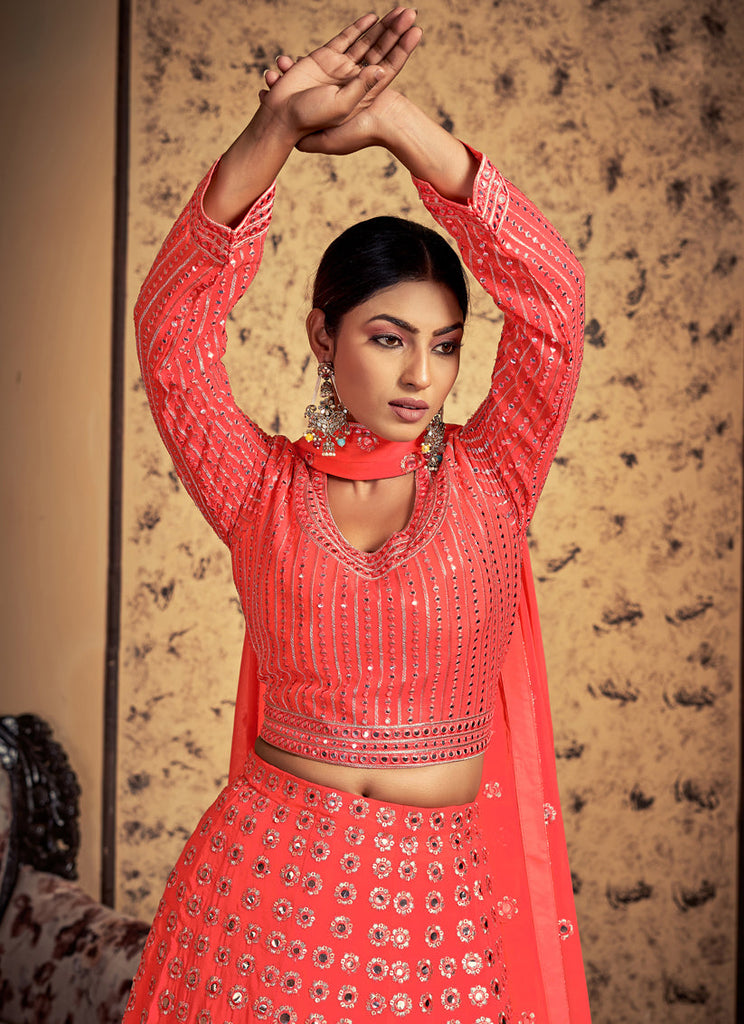 Coral Red Art Silk Readymade Lehenga Choli Clothsvilla