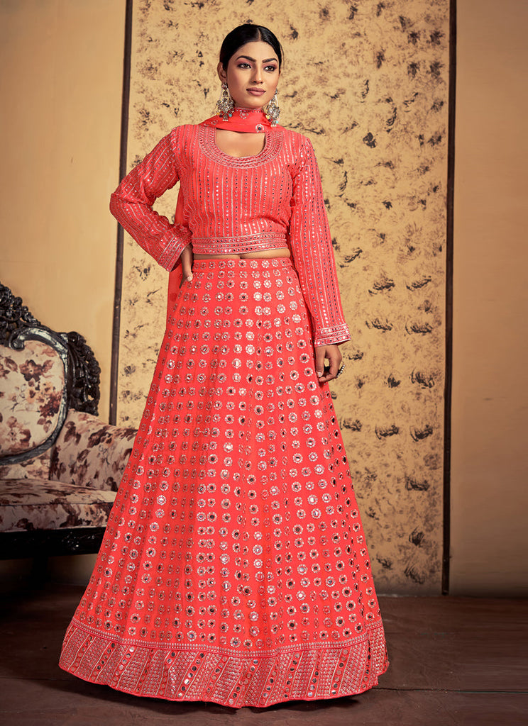 Coral Red Art Silk Readymade Lehenga Choli Clothsvilla