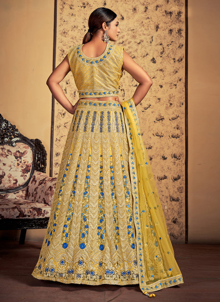 Mustard Net Readymade Lehenga Choli Clothsvilla