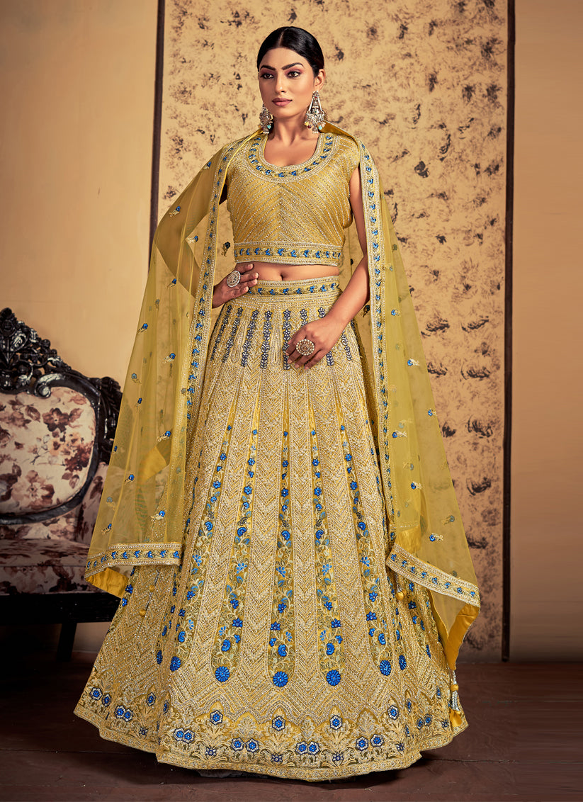 Mustard Net Readymade Lehenga Choli Clothsvilla