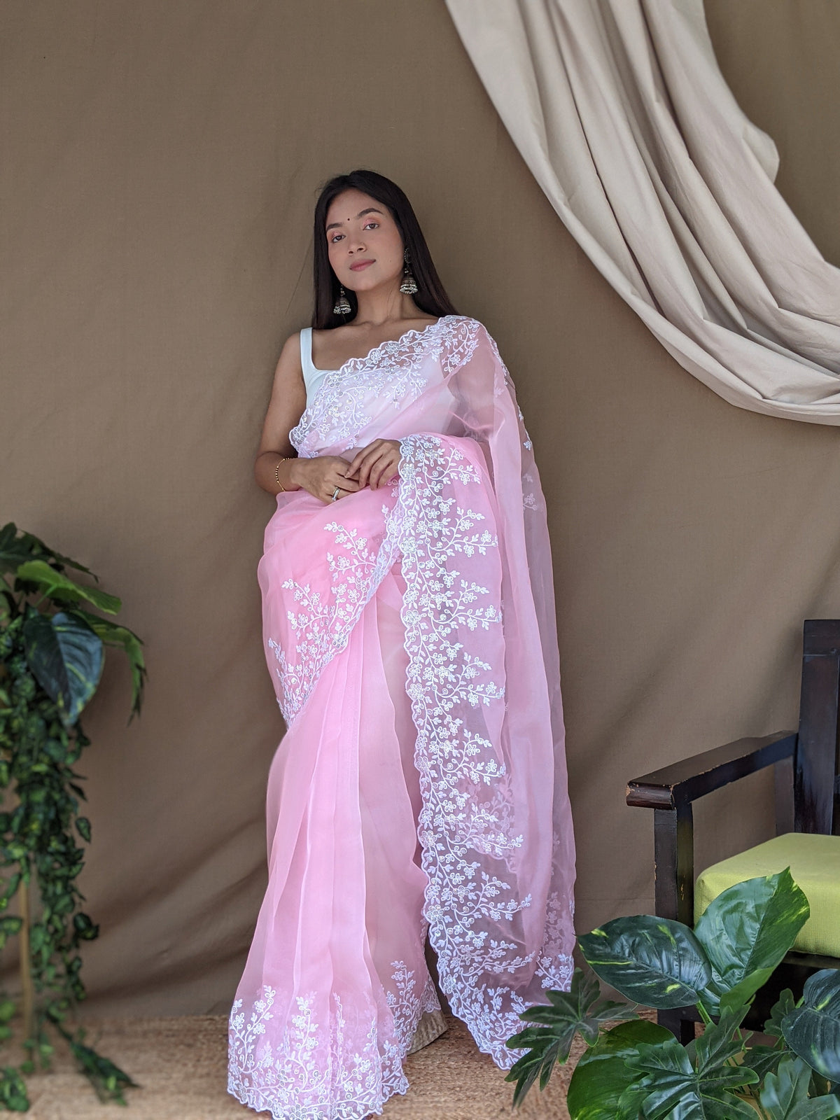 Organza Lucknowi Viscose Thread Work Saree Pink Clothsvilla Main image