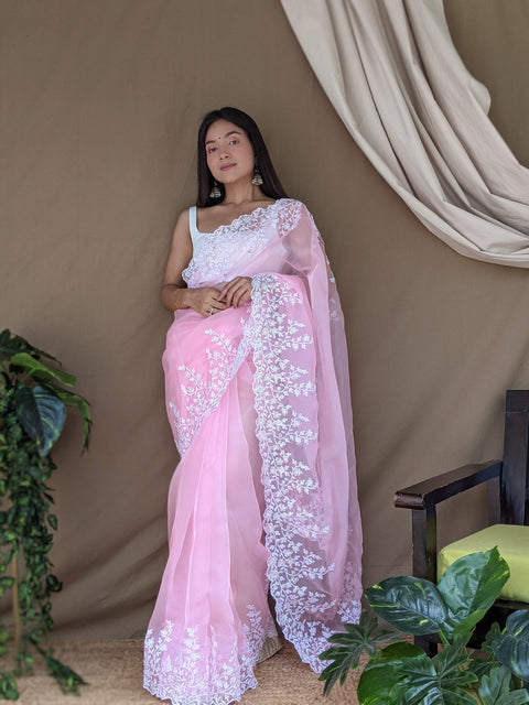 Organza Lucknowi Viscose Thread Work Saree Pink Clothsvilla Main image