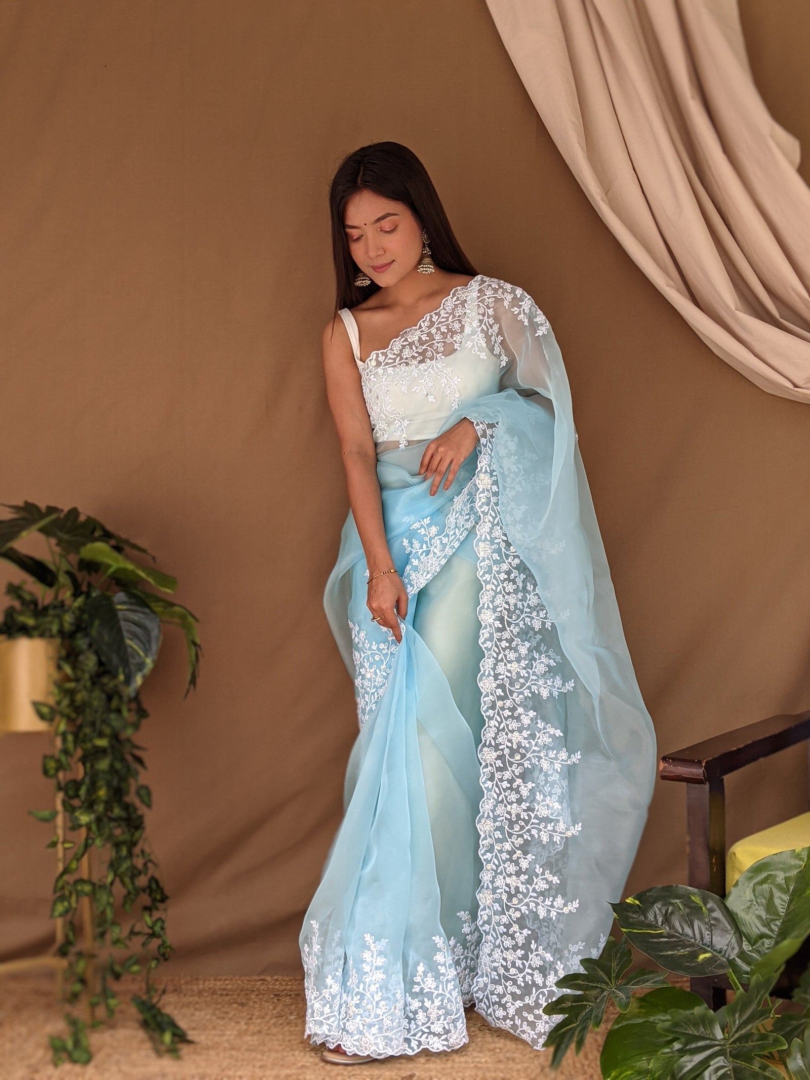 Organza Lucknowi Viscose Thread Work Saree Sky Blue Clothsvilla