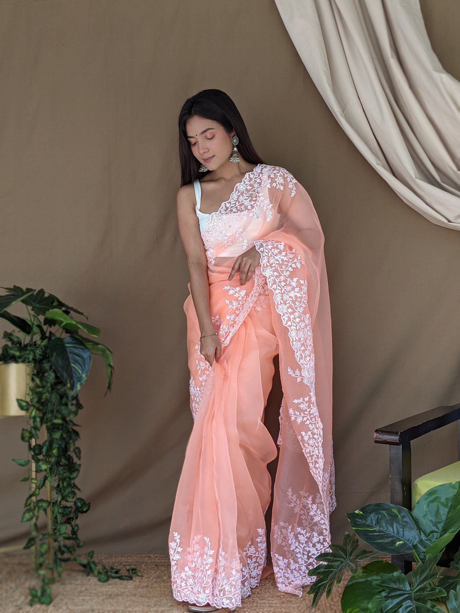 Organza Lucknowi Viscose Thread Work Saree Peach Clothsvilla