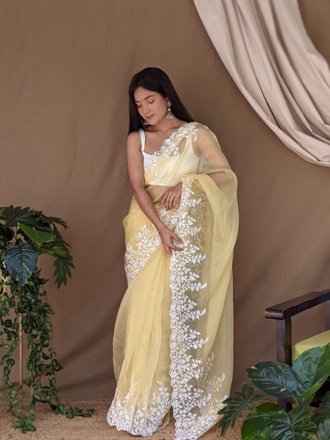 Organza Lucknowi Viscose Thread Work Saree Pastel Yellow Clothsvilla Main image