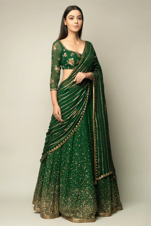 Pakistani Green Lehenga Saree in Georgette Clothsvilla Main image