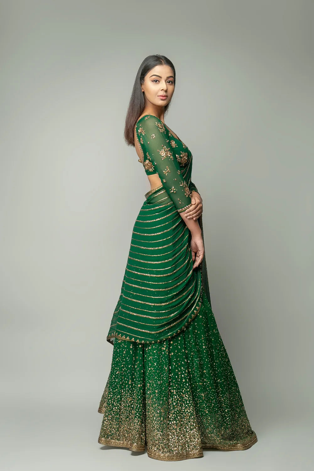 Pakistani Green Lehenga Saree in Georgette Clothsvilla