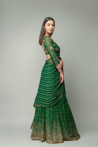 Pakistani Green Lehenga Saree in Georgette Clothsvilla