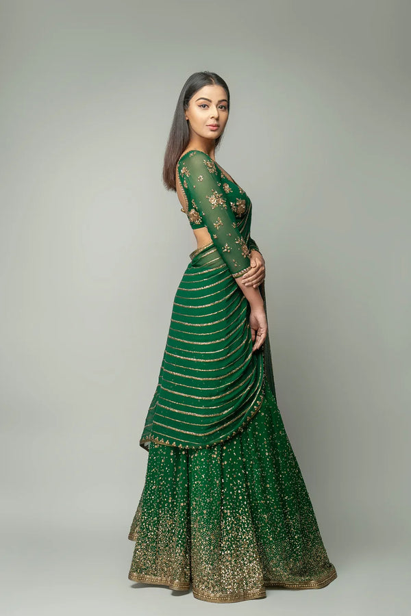 Pakistani Green Lehenga Saree in Georgette Clothsvilla