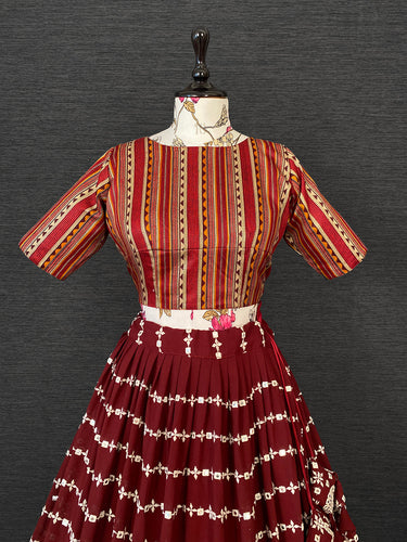 Maroon Color Paper Mirror Work And Thread Embroidery Work Georgette Lehenga With Cotton Choli Clothsvilla