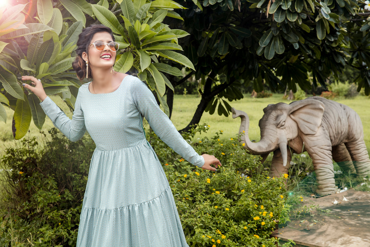 Party Style Grey Color Designer Printed Readymade Gown In Art Silk Fabric ClothsVilla