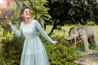 Party Style Grey Color Designer Printed Readymade Gown In Art Silk Fabric ClothsVilla