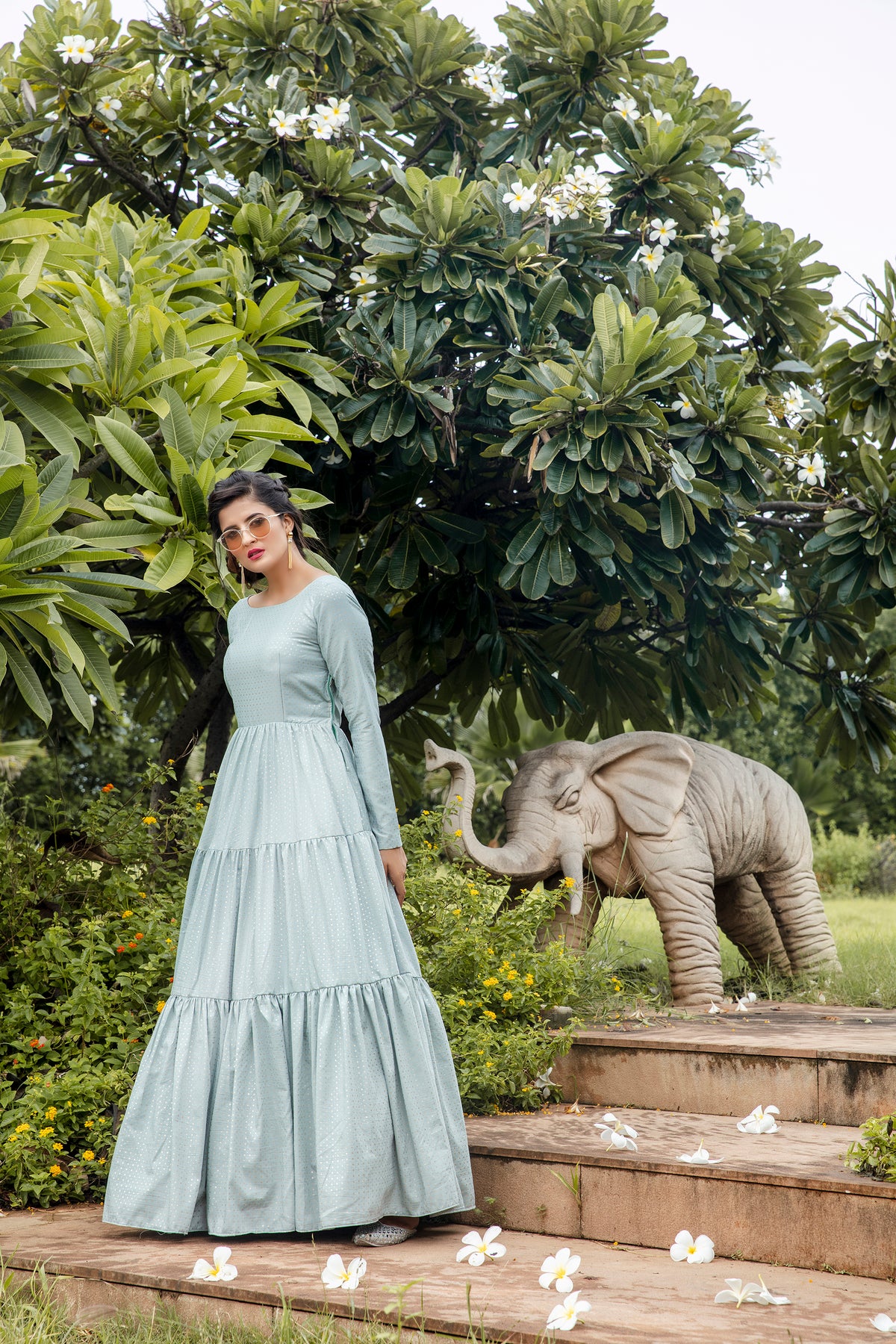 Party Style Grey Color Designer Printed Readymade Gown In Art Silk Fabric ClothsVilla