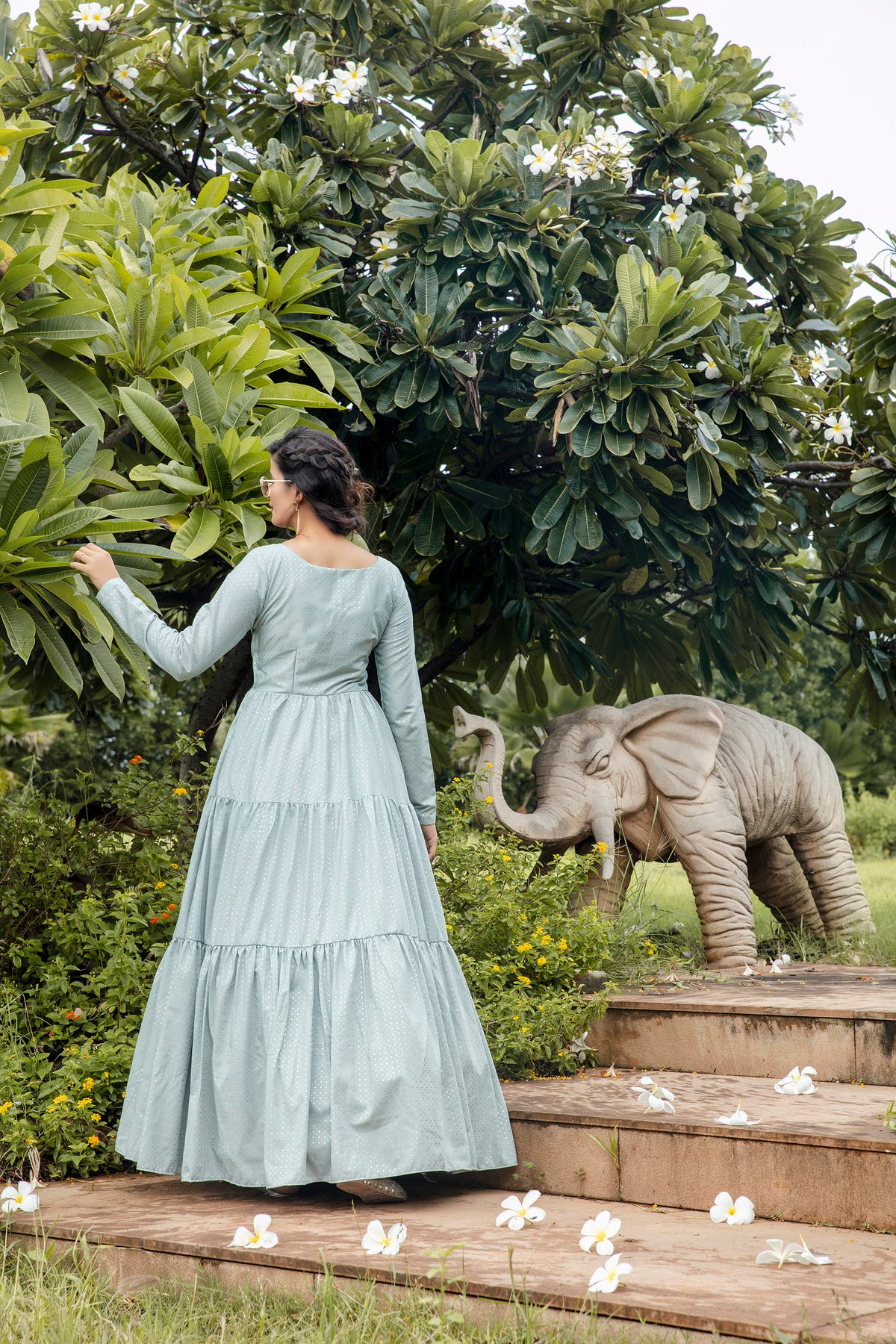 Party Style Grey Color Designer Printed Readymade Gown In Art Silk Fabric ClothsVilla