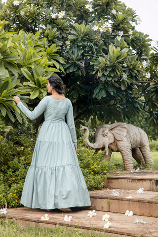 Party Style Grey Color Designer Printed Readymade Gown In Art Silk Fabric ClothsVilla