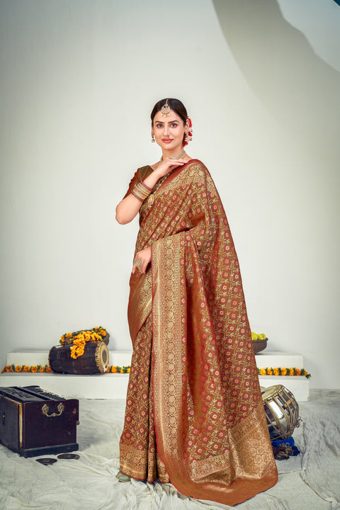 Party Wear Brown Color Art Silk Fabric Designer Weaving Work Saree ClothsVilla Main image