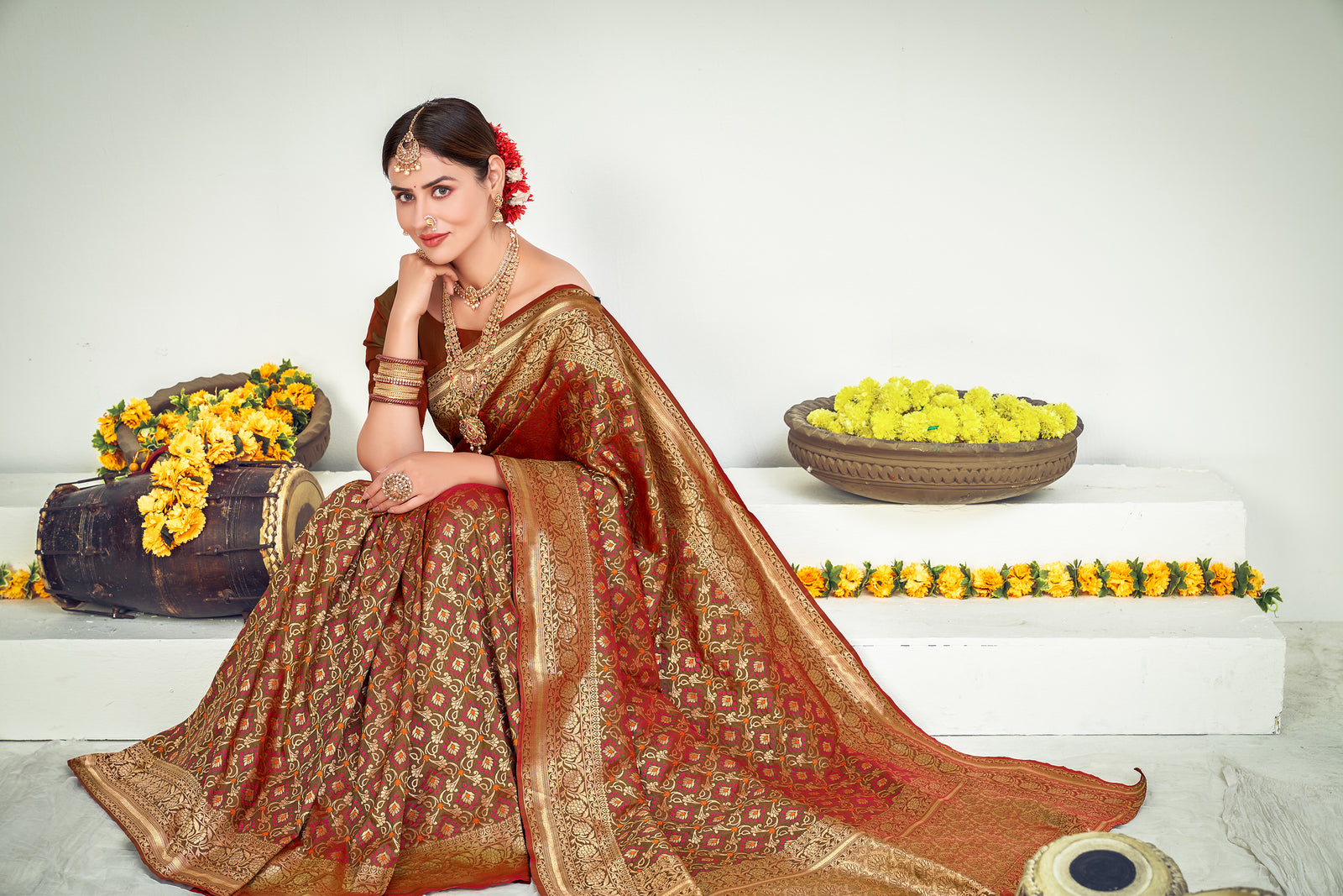 Party Wear Brown Color Art Silk Fabric Designer Weaving Work Saree ClothsVilla