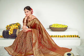 Party Wear Brown Color Art Silk Fabric Designer Weaving Work Saree ClothsVilla