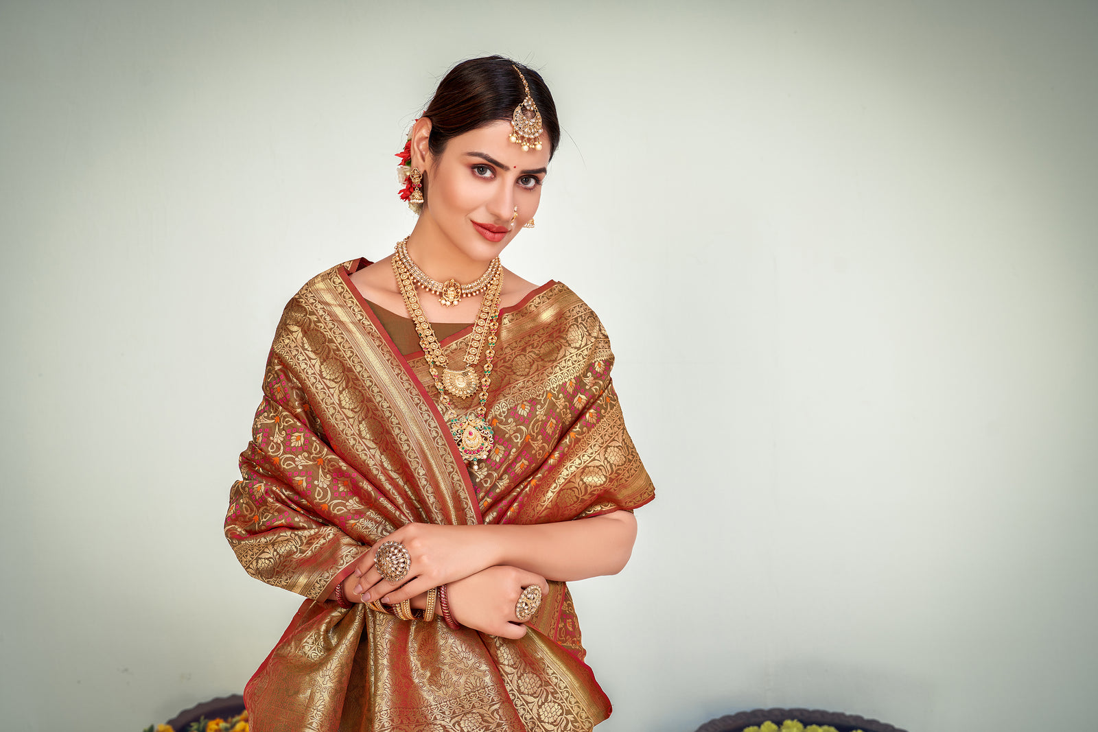 Party Wear Brown Color Art Silk Fabric Designer Weaving Work Saree ClothsVilla