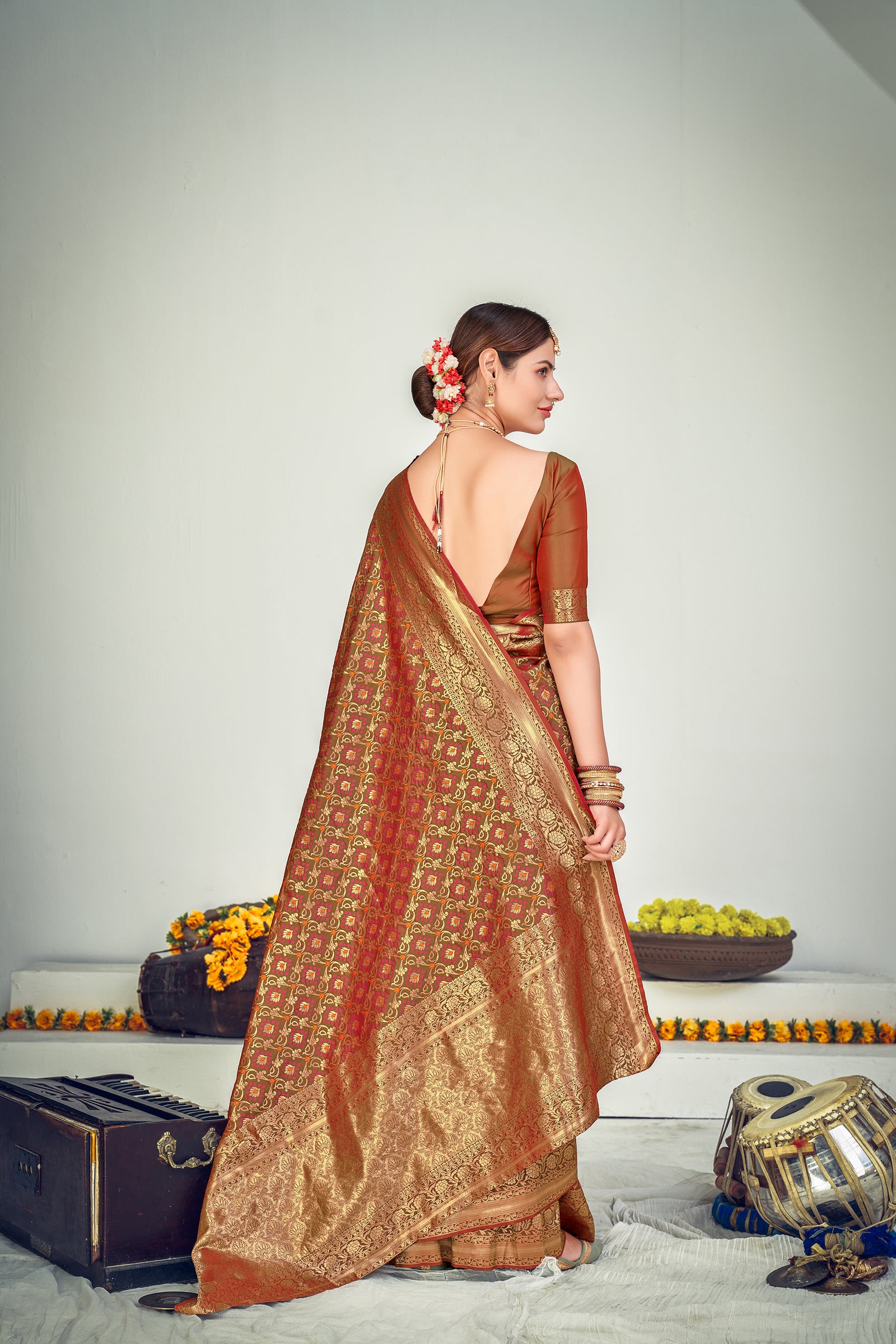 Party Wear Brown Color Art Silk Fabric Designer Weaving Work Saree ClothsVilla